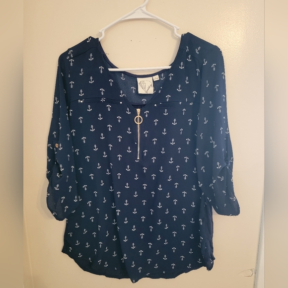 Womens Large Janetchung Navy Blue Anchor Three Quarter Sleeve Blouse - Picture 1 of 8